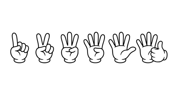 Hand gestures set with cartoon hands featuring one, two, three, four, five, and six fingers with black outlines and white gloves