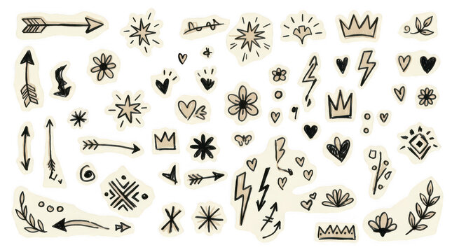 Hand drawn doodle set with arrows and stars. Vintage sketch collection of hearts and crowns. Black and beige ink illustrations for scrapbooking. isolated on Transparent Background