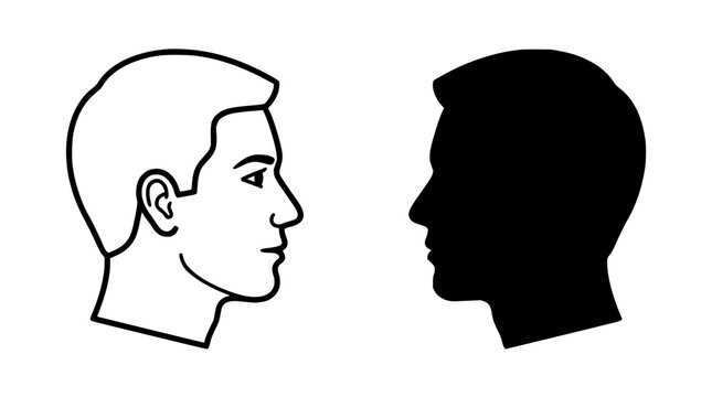 Head profiles set with two faces featuring line art, black and white, silhouette and facial features with contrast and symmetry