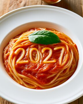 Spaghetti pasta forming 2027 numbers with tomato sauce and basil leaf in white plate