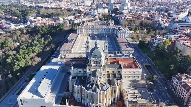 Royal Palace Of Madrid in Spain. Medieval City Scenery. Royal Theater. Beautiful Garden. Royal Palace Of Madrid In Spain. Oriente Square Skyline.