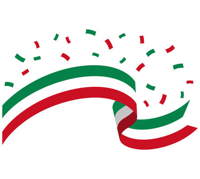 Mexican flag colors ribbon banner with festive celebration confetti for national independence day party event decoration