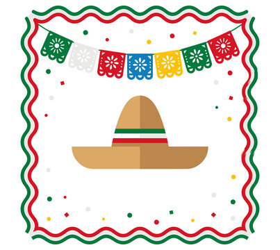 Mexican sombrero hat with colorful papel picado decorative bunting frame for traditional holiday fiesta celebration banner