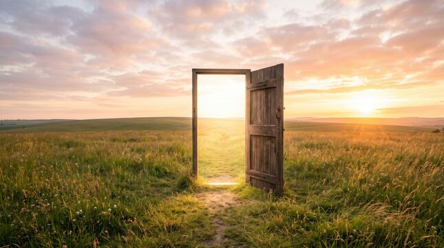 Surreal open wooden door standing alone in middle of grassy green field leading to bright light and path during magical sunrise or sunset, symbolizing new opportunities future