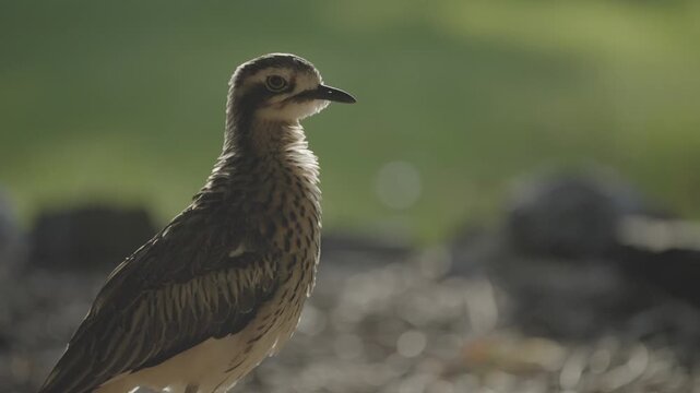 A bush stone curlew stands on gravel ground with green lawn visible softly out of focus behind it.