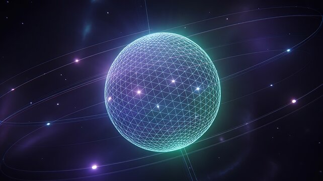 Glowing neon wireframe sphere floating in deep space with vibrant light rings and distant stars