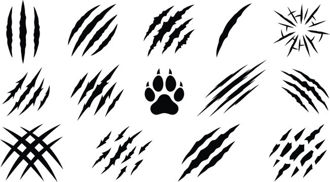 Black Animal Claw Scratch Marks Collection With Paw Print Elements