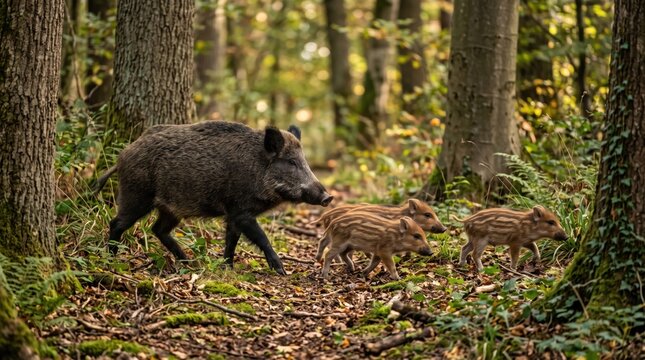 Wild boar mother with piglets in the forest