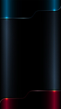 Dark futuristic wallpaper background with carbon fiber pattern and glowing blue red neon metallic frames, smartphone display and modern high tech mobile banner UI design