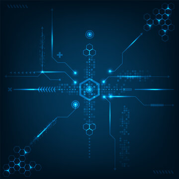 Abstract futuristic technology background with dark blue glowing digital circuit lines pixelated data stream honeycomb hexagon grid and hud interface nodes vector design