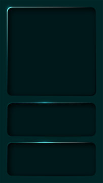 A sleek dark cyan vertical wallpaper features three recessed rounded rectangular panels with glowing neon highlights, modern smartphone ui screens and digital content layouts