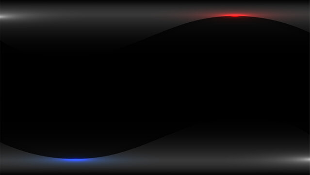 abstract black background with dark curves lens flare horizontal light streaks and red blue glowing accent, modern banner presentation backdrop design element