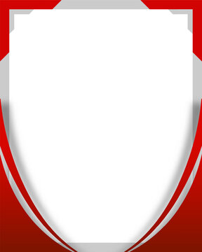 Red and white shield frame vector template with modern geometric border and drop shadow, sport certificate crest badge or poster background layout design