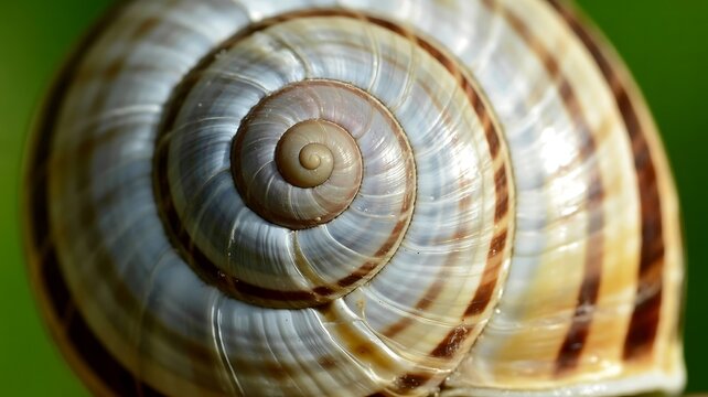 Detailed macro view of a striped snail shell showing beautiful geometric golden and white spirals
