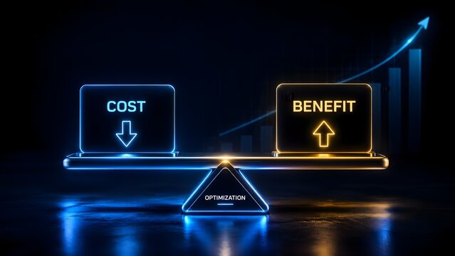 Balanced Seesaw Scale Showing Reduced Cost And Increased Profit Benefit Optimization