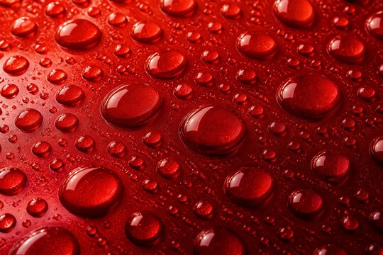 Red surface covered with water droplets close up macro