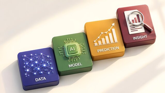 AI Data Model Prediction And Insight Workflow Process Steps On 3D Blocks
