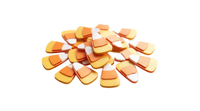 Halloween candy corn pile on white background, festive orange and yellow sugar sweets, seasonal autumn treats for holiday celebration