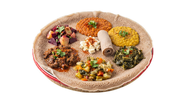 Ethiopian injera platter with assorted stews, traditional African cuisine with doro wat and lentils, colorful vegan and meat dishes on flatbread
