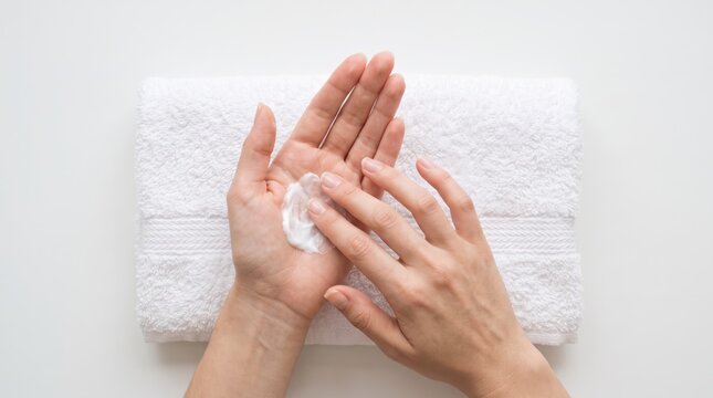 Woman applying moisturizing hand cream over white towel, skincare routine, beauty and wellness, soft hands treatment, cosmetic lotion texture, self care hygiene, spa relaxation