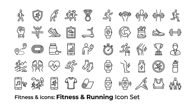 Fitness and Running Icon Set with Various Exercise and Health Symbols