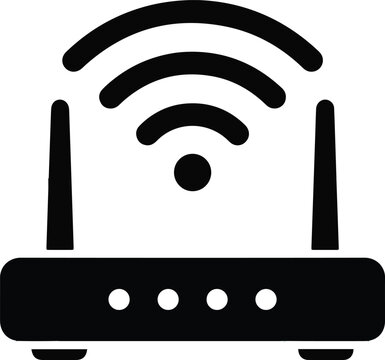 Wireless internet router device with signal waves black silhouette icon graphic
