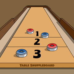 Fototapeta premium Table Shuffleboard Vector Game Illustration. Table shuffleboard featuring red and blue pucks on numbered scoring zones on a polished wooden court. National Table Shuffleboard Day, September 17