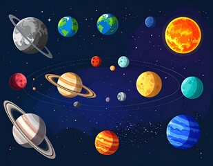 Naklejka premium Solar system planets and spacecraft in space illustration.