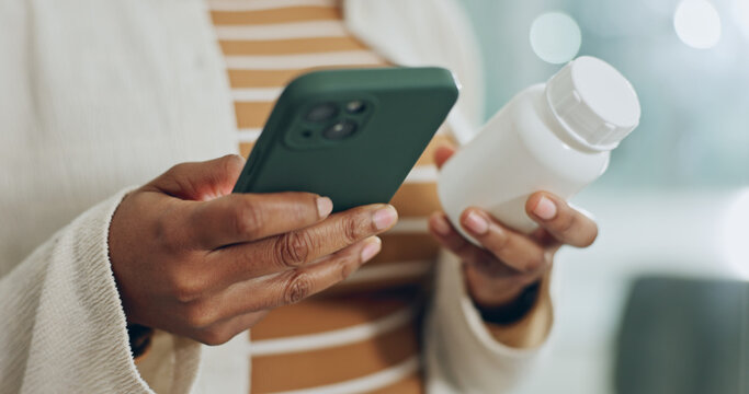 Woman, hands and phone in home with pills, research prescription drugs and check telehealth chatbot. Person, tech and medicine in house for supplements, dosage instructions or ask AI for side effects