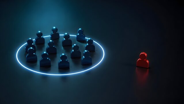 Single Red Human Figure Excluded Outside Glowing Circle Of Team Members