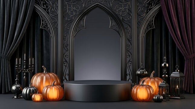 Elegant halloween product display podium with glowing pumpkins and dark gothic architecture background for seasonal marketing