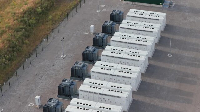 Aerial view of battery storage units in neat rows at a power station, managing renewable energy for the local grid on a clear day.