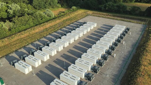 Rows of industrial battery storage units sit in a fenced outdoor facility surrounded by green trees on a bright sunny afternoon to provide renewable electricity for the local power grid