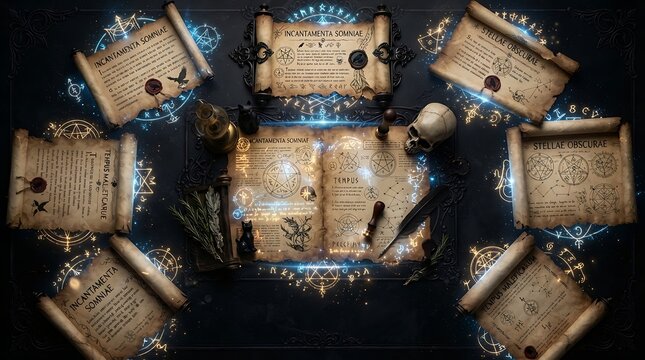 Composition of ancient vintage parchment scrolls and a large open book on a dark wooden background