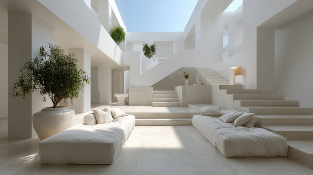 Modern technology interior minimalist wide angle view with white sofa, staircase, skylight, indoor plant, and bright architectural space