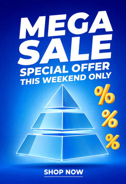 Bright blue mega sale advertisement poster with pyramid discount offer for weekend promotion