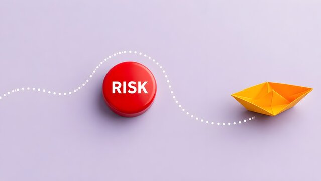 Yellow Origami Boat Steering Clear Of Red Risk Obstacle Button On Pastel Table
