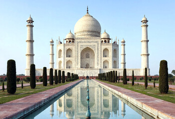 Fototapeta premium Majestic white marble mausoleum with reflective pool and symmetrical gardens under clear sky