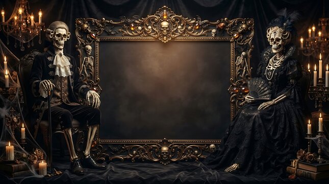 Dark gothic scene with two skeletons sitting on ornate thrones in a mysterious candlelit room with copy space