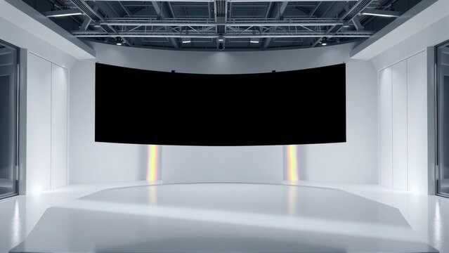 Minimalist studio space. Curved screen dominates room. Bright lighting, clean lines, modern design. Empty stage, potential for presentation.