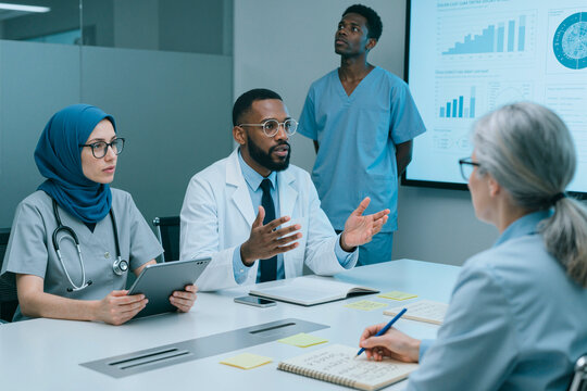 Multiethnic medical team discussing treatment strategy during meeting, reviewing charts and tablet in clinic. Suitable for healthcare management, teamwork, patient care marketing