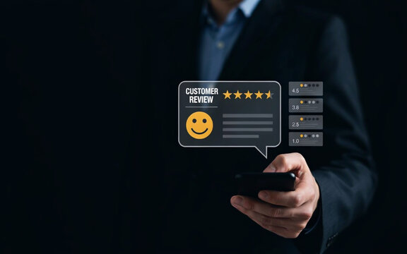 Professional businessman holding smartphone displaying glowing customer review star rating box representing client satisfaction feedback.