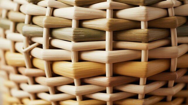 Detailed close up macro view of intricately woven light brown and green bamboo storage basket pattern