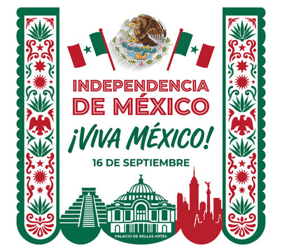 Mexican independence day holiday poster with traditional folk pattern borders landmarks and viva mexico celebration text greeting