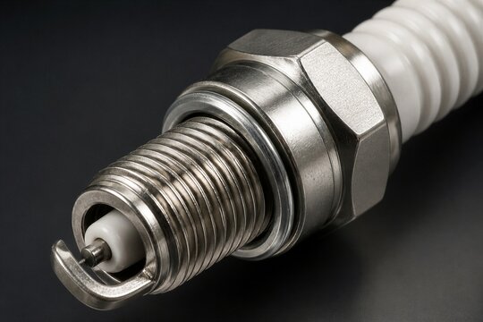 Spark plug showing threaded electrode against dark surface