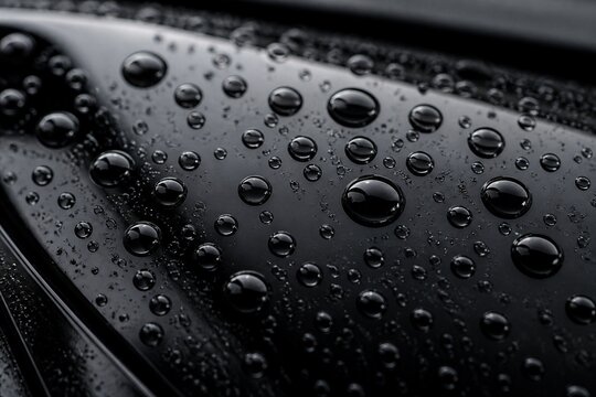 Close up of glossy car surface with rain droplets on panel