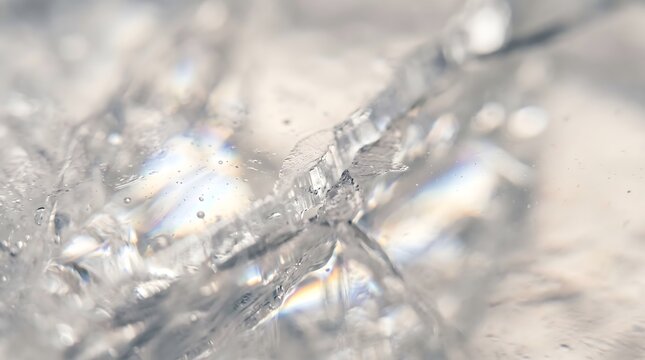 Macro cracked ice texture with prism light diffraction and rainbow highlights.
