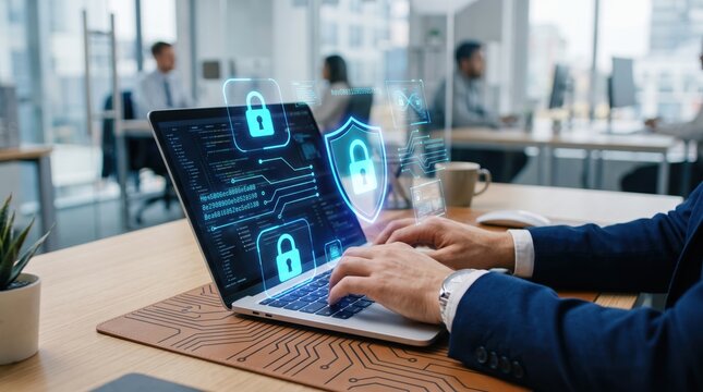 Professional using laptop with floating cybersecurity icons including padlocks and shields, representing data protection, encryption, privacy security, antivirus software