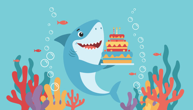 Cheerful cartoon shark under the sea holding a colorful three-tiered birthday cake with candles next to corals.
