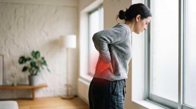 Woman suffering from severe lower back pain standing near window at home, chronic lumbar discomfort, health and medical issue, physical therapy need, ergonomic posture correction